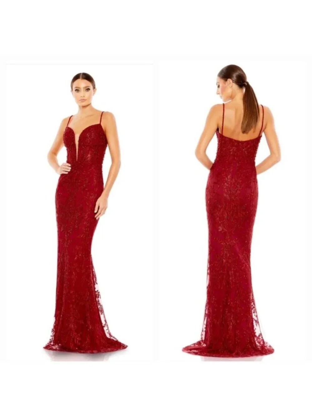 Mac Duggal 20330 Red Embellished Plunge Neck Illusion Mermaid Gown Dress Size 6